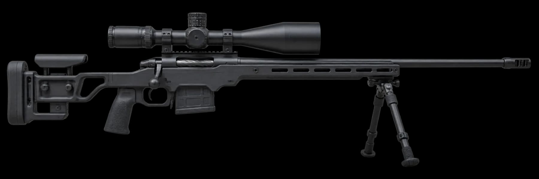 Long range puška s puškohledem, montáží, dvojnožkou a úsťovou brzdou